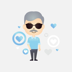 Cute old man cartoon with heart symbol on isolated background
