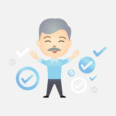 Cute old man cartoon with correct or tick symbol on isolated background
