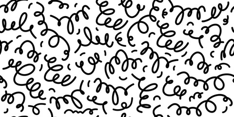 Doodle seamless pattern. Fun black line background. 90s kids background. Funny modern childish drawings. Wallpaper and wrapping design. Banner backdrop. Simple party confetti vector illustration
