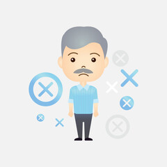 Cute old man cartoon with x or wrong symbol on isolated background
