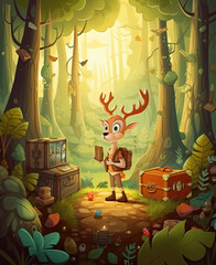 Fototapeta premium Cartoon deer tracker in a natural landscape.