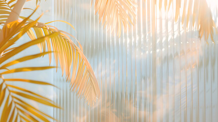 Clear reeded shower screen of Fluted Glass with tropical leaves in the background. Fluted Interior . - obrazy, fototapety, plakaty