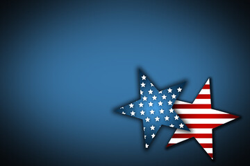 Star, America and graphic with mockup space on banner of stripes, illustration or theme on blue...