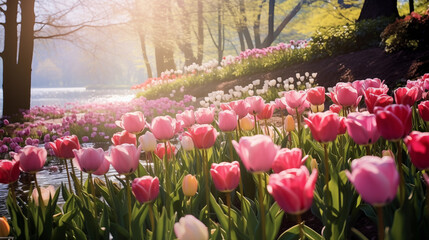field of tulips in spring in the morning, flower background 