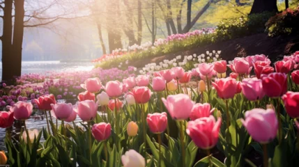 Fototapeten field of tulips in spring in the morning, flower background  © ChristianeMonar