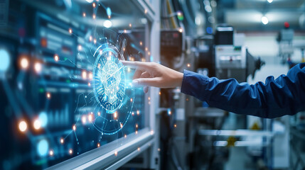 Businessman in blue suit working with digital vurtual screen. Digital transformation conceptual for next generation technology. IT consultant presenting tag cloud about information technology.. 