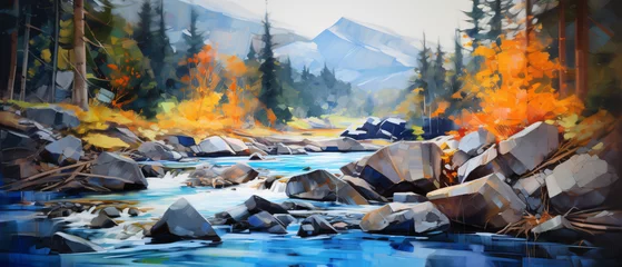 Zelfklevend Fotobehang Oil Painting  mountain river rocks and forest abstrac © levit