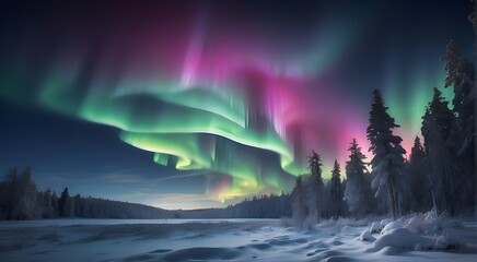 Gorgeous aurora borealis, or northern lights, at night above a winter woodland