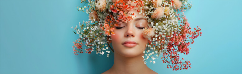 Surreal abstract woman portrait with flowers over head on blue background, concept of environmental friendliness and naturalness of cosmetic products, summer vibes. - obrazy, fototapety, plakaty
