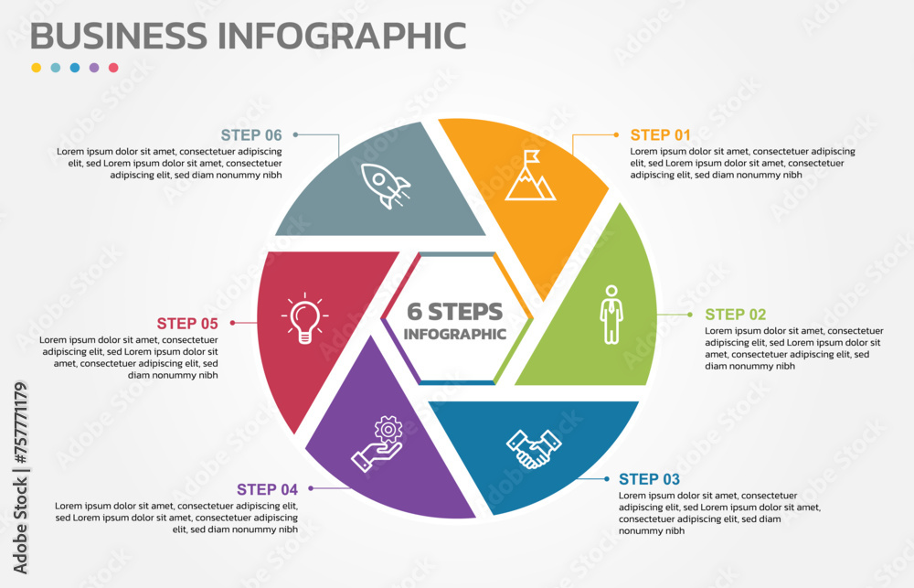 Aufkleber Visual data presentation. Cycle diagram with 6 options. Pie Chart Circle infographic template with 6 steps, options, parts, segments. Business concept. Marketing infographic vector illustration.