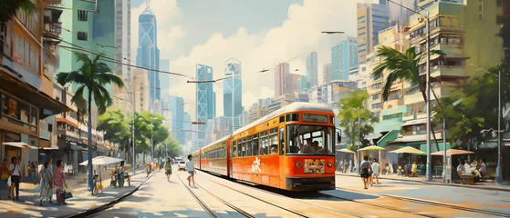 Wall murals London red bus Oil Painting  Street View of Hong Kong ..