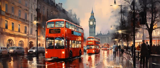 Afwasbaar Fotobehang Londen rode bus Oil Painting  Street View of London ..  .