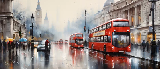 Papier Peint photo Lavable Bus rouge de Londres Oil Painting  Street View of London ..  .