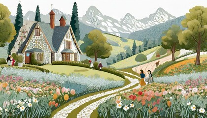 vintage European scene is small cottage postcard illustration - obrazy, fototapety, plakaty