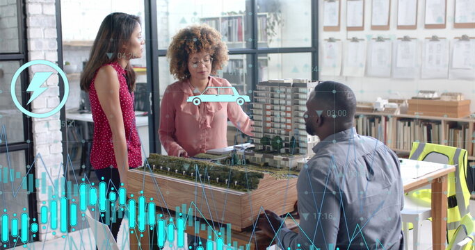 Data processing and media icons over diverse architects discussing building model