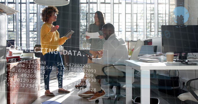 Graphs and data processing over diverse colleagues discussing at casual office meeting