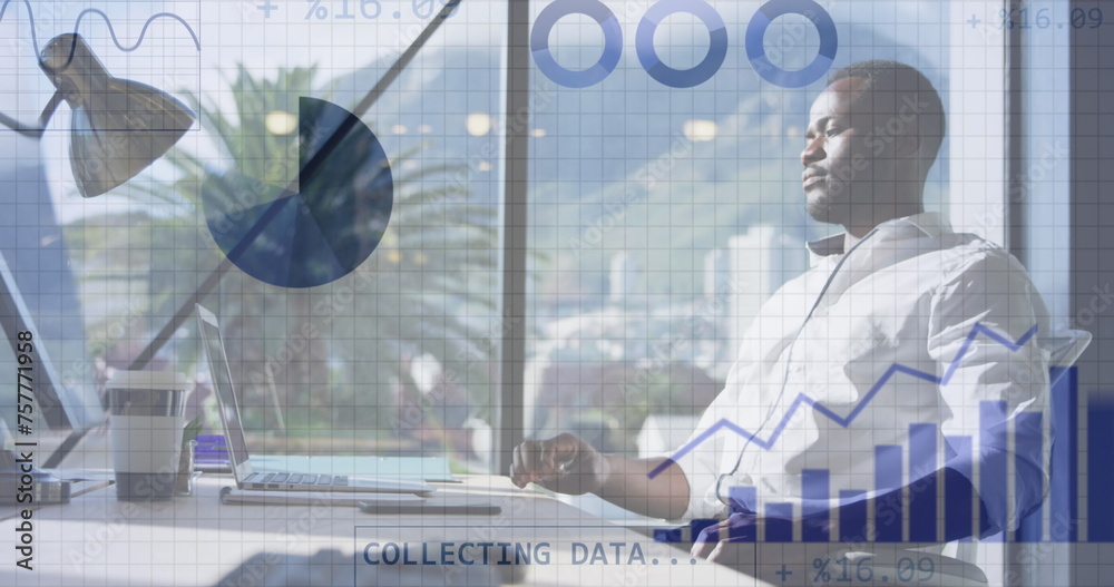 Poster Image of financial data processing over african american businessman working in office