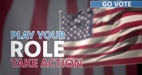 Fototapeta premium Image of presidential election text over person waving flag of usa