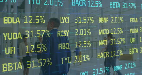 Image of financial data processing over business people working in office