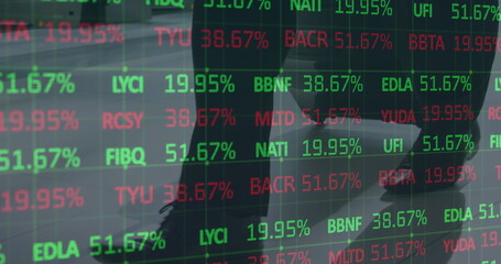 Image of financial data processing over business people working in office