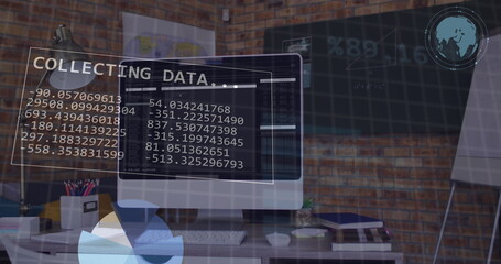 Image of financial data processing over office desk with computer and electronic devices