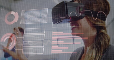 Image of financial data processing over caucasian businesswoman wearing vr headset in office