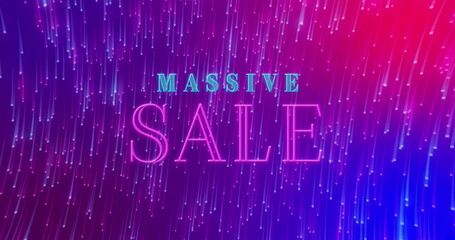 Image of massive sale text banner over light trails spinning against purple gradient background