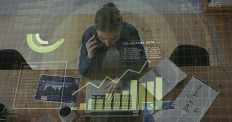 Image of financial data processing over caucasian businesswoman working in office