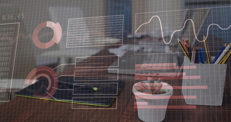 Image of financial data processing over office desk with electronic devices