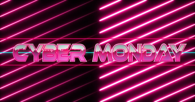 Image of cyber monday text banner over neon pink light trails in seamless pattern
