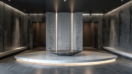 Elegant foyer area with marble columns and textured dark walls. Interior design photography with ambient lighting