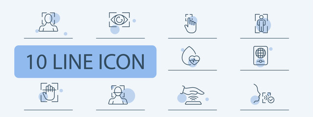 Biometrics icon set. Scanner of body, face, finger, retina, blood test. 10 line icon style. Vector line icon for business and advertising