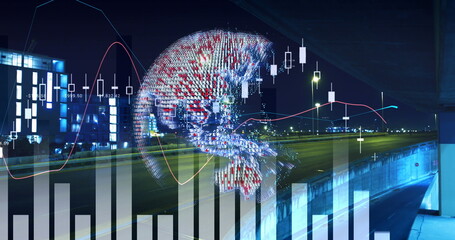 Image of globe and cityscape over data processing