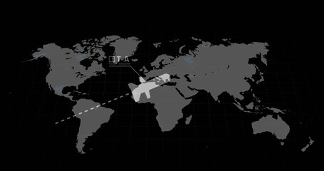 Digital image of data processing over world map against black background