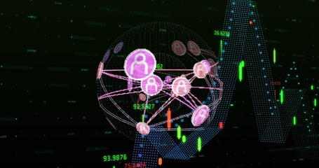 Image of globe of connections over data processing on black background