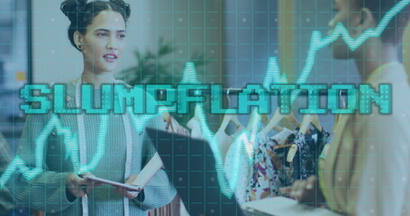 Image of slumpflation and financial data processing over diverse business people