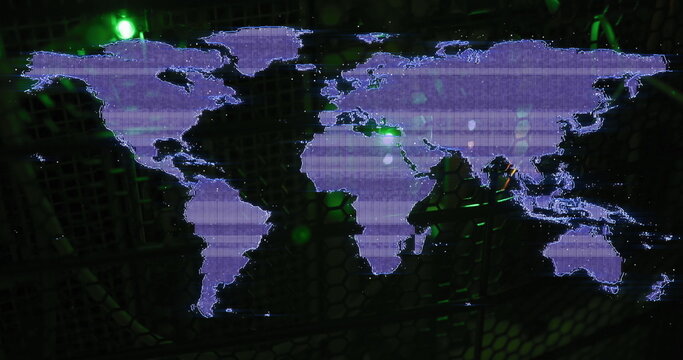 Image of interference over world map and server room