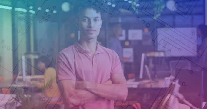 Image of financial data processing over biracial businessman