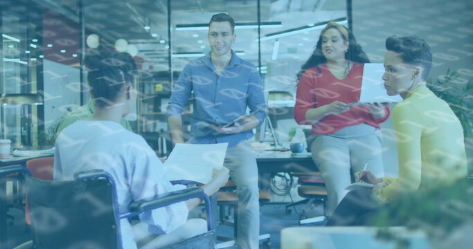 Image of binary coding data processing over diverse business people