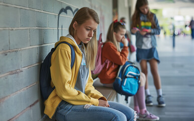 Fototapeta premium Bullying at school. Nervous kids and teenagers, violence and cyberbullying. Derision, denigration, feeling alone. Feelings of sadness and psychological violence. Portrait of young desperate students. 