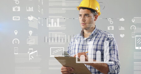 Digital interface displays financial data over builder noting stats on clipboard.