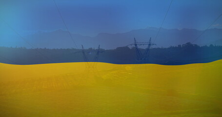 Fototapeta premium Image of flag of ukraine over field and electricity poles
