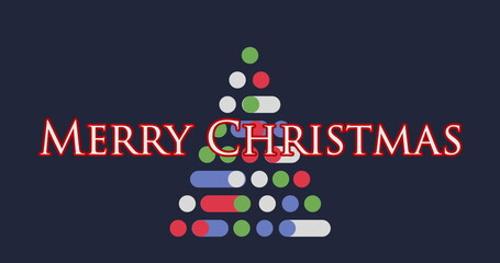 Image of text Merry Christmas over a Christmas tree made of colourful circles digital composition