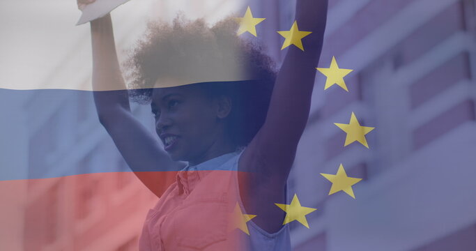 Image of flag of russia and european union over african american female protester
