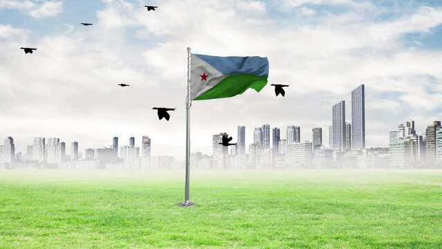 The flag of Djibouti is flying and the birds are flying with it
