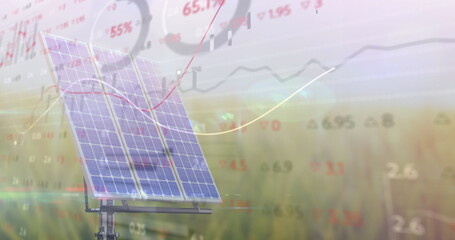 Image of financial data processing over solar panel