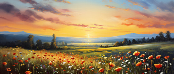Oil painting meadow landscape at sunset. Field with po