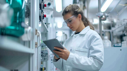 Surrounded by technological equipment, a competent female engineer examines data on a tablet - obrazy, fototapety, plakaty