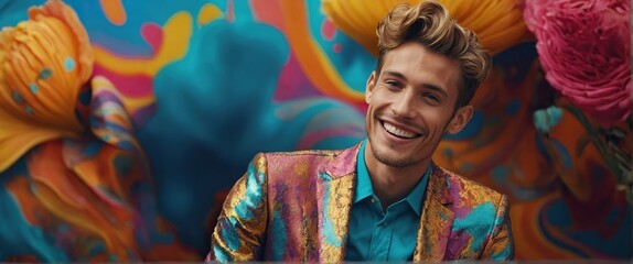 Fototapeta premium Young gay man in stylish clothes smiling happily