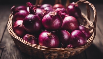 view of basket full of red onions on wooden background